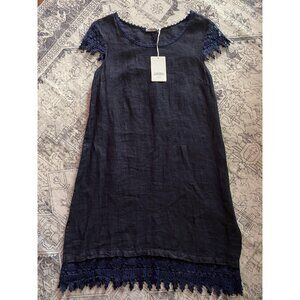 Martina Innocenti Dress Womens Large Navy Linen Crochet Lace Trim Made In Italy